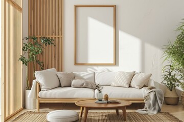 A wooden frame mockup on the wall over sofa in the living room, Japanese minimal interior design, Generative AI
