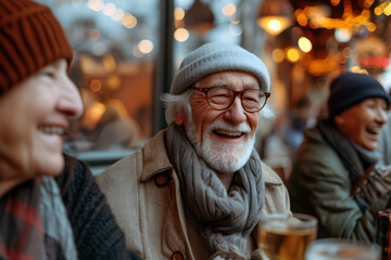 Fototapeta premium A small group of active seniors having fun together in a cafe or restaurant, talking and laughing.