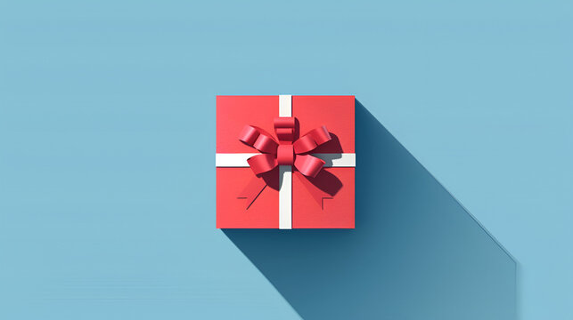 Flat design of a red valentine gift box at the middle of picture, isolated on blue background