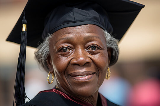 AI generated photo picture of happy beautiful mature woman graduating from university in mortarboard cap