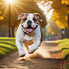 Happy Purebred English Bulldog Moving Toward The Camera Wrinkled Face Close Up. Flying dog. Generative AI