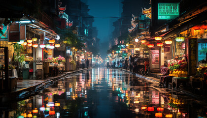 Nightlife in illuminated city streets, famous for architecture generated by AI