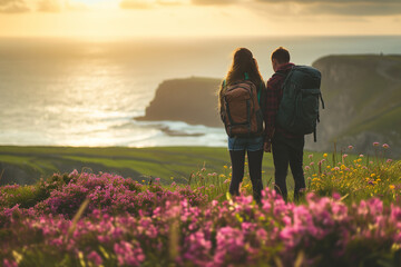 A couple of young hikers with heavy backpacks admiring scenic view of spectacular Irish nature. Breathtaking landscape of Ireland. Hiking by foot.