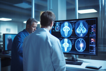 Obraz premium Experienced doctor in operation room analyzing x ray diagnosis surgeon radiologist Generative AI