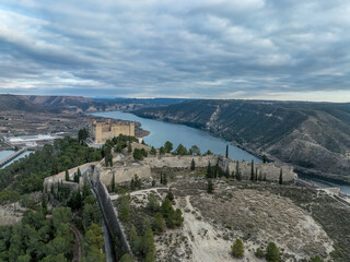 Aerial view of Mequinenza at the confluence of the Ebro between the Mequinenza Dam and Riba-roja...