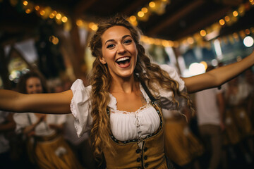 Fototapeta na wymiar AI generated picture of a woman wearing traditional bavarian costume celebrating beer octoberfest