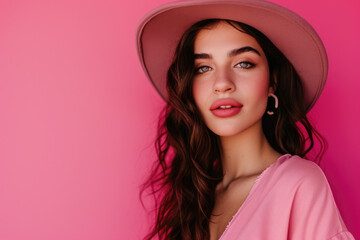 Modern Chic: Fashionable Young Woman in Pink Hat and Dress on a Pink Background. Copy Space