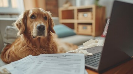 Close-up of a Golden Retriever Dog Holding a Resume, Eagerly Awaiting the Interviewer in the Interview Room - Best Job Candidate - obrazy, fototapety, plakaty