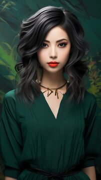 Stunning Japanese girl with a sleek hairstyle against a deep emerald green background