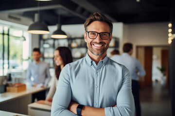 Fototapeta premium Professional workers at workspace office managers confident successful people Generative AI