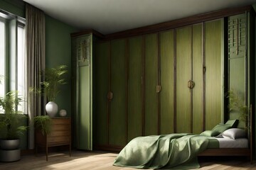 Asian Fusion Master Bedroom Wardrobe, Vray Style, Neoclassical Simplicity, Contrasting Light and Shadow, Helene Knoop, Wood, Bamboo Green, Classic Modern