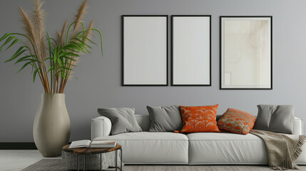 Frame mockup, Living room wall poster mockup. Interior mockup with house background. Modern interior design. 3D render