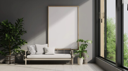 Frame mockup, Living room wall poster mockup. Interior mockup with house background. Modern interior design. 3D render