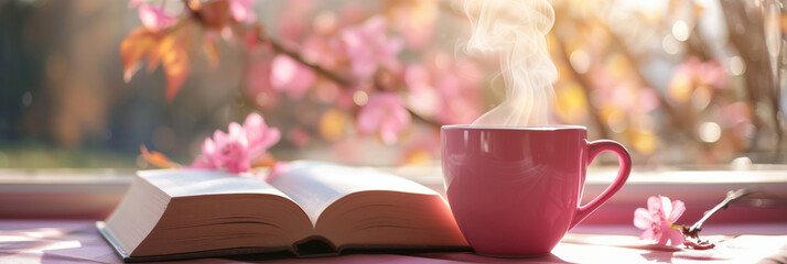 Cozy warm composition with pink cup of hot coffee or tea and a book on sunny windowsill on spring day. Spring home decor. Easter.