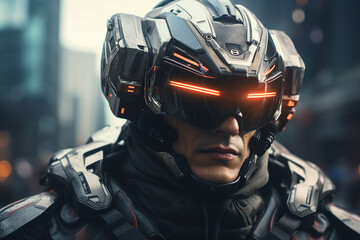 Science fiction picture of modern cyborg with a cyberpunk helmet on a futuristic background made with generative AI