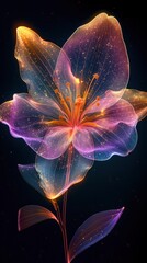 Neon Gradient Light in Yellow, Purple, and Gold Art Depicting a Sundrop Lily Against a Black Background