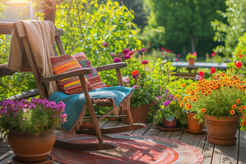 Cozy wooden terrace with rustic furniture, soft colorful pillows and blankets, rocking chair and flower pots. Charming sunny evening in summer garden.