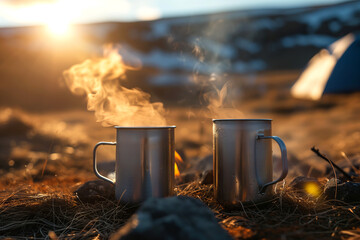 Two metal enamel cups of hot steaming tea by an outdoor campfire. Drinking warm beverage by a bonfire. Scenic Icelandic nature. - obrazy, fototapety, plakaty