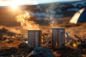 Fototapeten Two metal enamel cups of hot steaming tea by an outdoor campfire. Drinking warm beverage by a bonfire. Scenic Icelandic nature. © MNStudio
