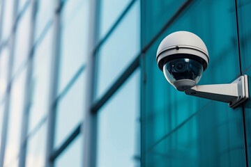 Modern public CCTV camera on wall with building background. Recording cameras for monitoring all day and night. Concept of surveillance and monitoring.