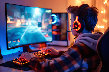 Teenage boy wearing big headphones playing racing game at home. Young teen kid playing videogame on his desktop computer. Computer games addiction in children. - obrazy, fototapety, plakaty