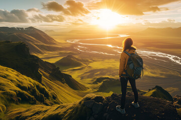 Young hiker with heavy backpack admiring scenic view of spectacular Icelandic nature on a sunset. Breathtaking landscape of Iceland. Hiking by foot.