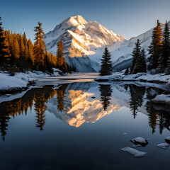 Stunning Twilight Over EF Mountain: A Blend of Frosty Peaks, Calm Lake, and Lush Greenery