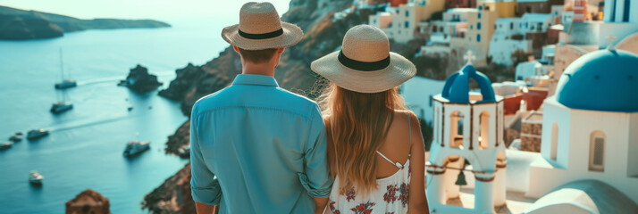 Back view of beautiful young couple admiring scenery while visiting small southern European town on sunny summer day. Banner with young man and woman travelling. - obrazy, fototapety, plakaty
