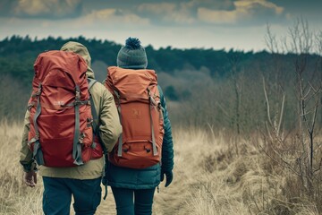 Back view of backpacker couple with large backpacks walking in the mountains. Couple walking in the mountains. Hiker with backpack