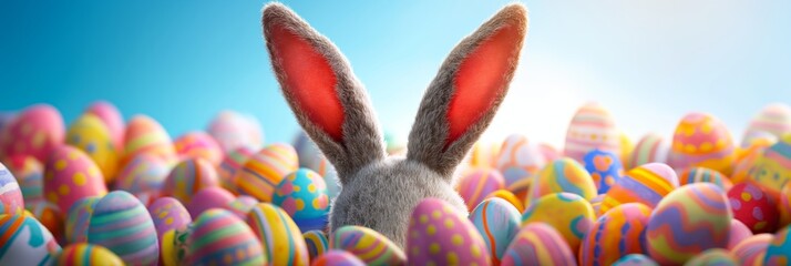 A funny Easter bunny with long ears sitting between easter eggs - obrazy, fototapety, plakaty
