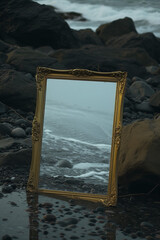 An antique gold ornate frame sitting in the water of the ocean, showing a fantasy scene with waves and rocks surrounding the frame.