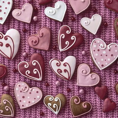 Background of gingerbread hearts on pink fabric. Valentine's Day Wallpapers. Wide Banner. Filtered Photo