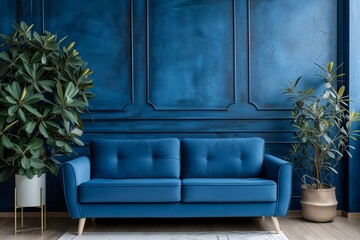 Contemporary elegance: Blue sofa against paneling wall showcases minimalist loft home interior design in a chic modern living room.