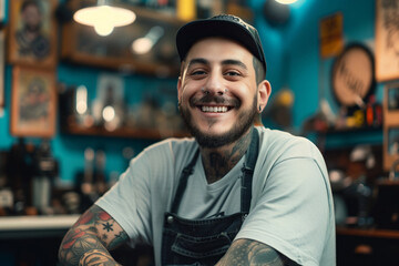 Cheerful young tattoo artist with tattooed hands posing in tattoo studio.