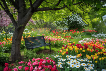 spring garden filled with blooming roses, tulips, and daisies