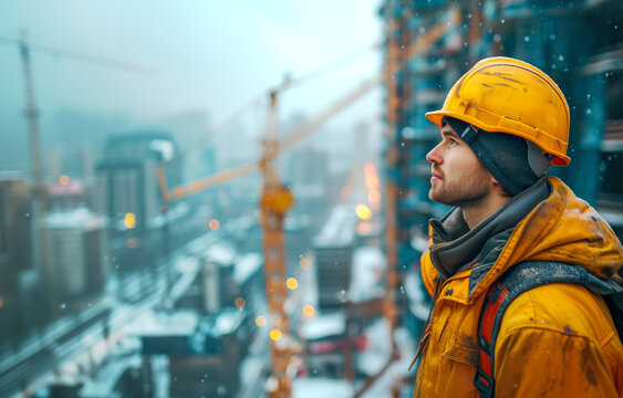 Construction worker overlooking snowy city construction site at winter