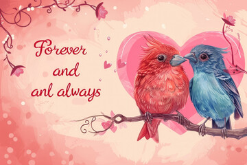 pair of lovebirds sitting on a heart-shaped branch, with a blue background and the words "Together forever"
