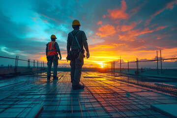 Two construction workers at sunset on building site