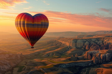 heart-shaped hot air balloon floating over a vast, beautiful landscape at sunrise
