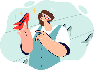 Woman selling shoe store demonstrates ladies high-heeled shoes, offering to purchase high-quality wardrobe item at low price. Girl consultant at shopping boutique recommends trying on shoes