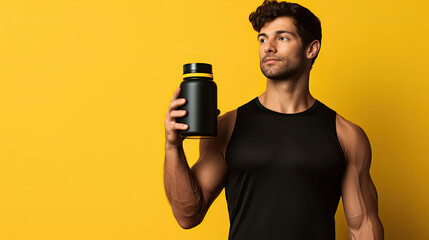 A muscular male bodybuilder holds in his hand a black jar of gainer or protein powder on a yellow background. Sports nutrition banner concept. - obrazy, fototapety, plakaty