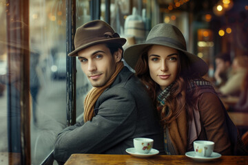 couple with a straight hair and a hat and a professional overlay on the cafe
