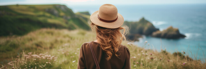Back view of beautiful young woman admiring scenery while visiting English countryside on sunny summer day. Banner with young female travelling alone. - obrazy, fototapety, plakaty