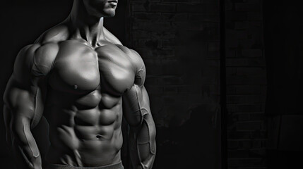 Fototapeta na wymiar In black and white, the torso of a muscular male bodybuilder on a black background. Free space for product placement or advertising text.