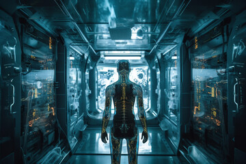 Futuristic Cyborg with Biomechanical Circuitry Standing in a High-Tech Facility. Advanced Humanoid Robot in a Sci-Fi Lab Showcasing Technological Prowess. Image made using Generative AI Technology - 724941513