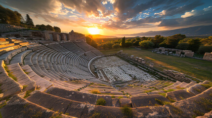 An ancient Greek theater at sunset with dramatic lighting and shadows.