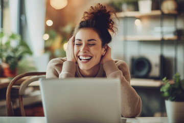 Excited young woman looking at laptop screen. Beautiful overjoyed girl feeling happy about her work. - obrazy, fototapety, plakaty
