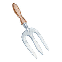 Watercolor illustration of a garden tool pitchfork. Gardening rake isolated on white background. Simple rake clipart. Garden tools watercolor cartoon drawing. Farmhouse clipart