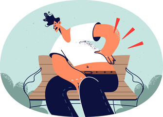 Unhealthy man sit on bench in park suffer from backache. Unwell male struggle with lower back spasm or strain. Radiculitis and healthcare.