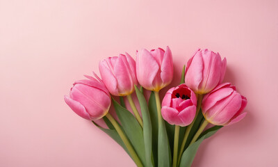 Beautiful composition spring flowers. Bouquet of pink tulips flowers on pastel pink background. Valentine's Day, Easter, Birthday, Happy Women's Day, Mother's Day